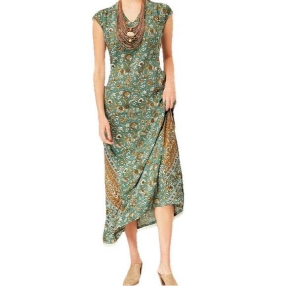 J. Jill Dresses & Skirts - J Jill Womens Floral Midi Maxi Dress Size M Green Cap Sleeve V-Neck Boho Cottage